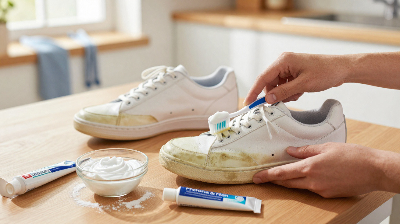 Zwei weiße Sneakers, einer wird mit Zahnbürste und Zahnpasta von Schmutzflecken gereinigt.