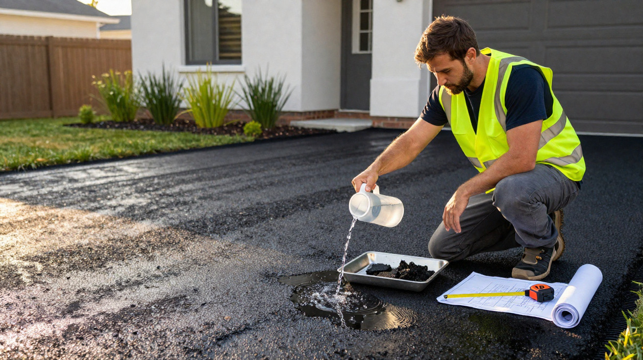 Ein Mann gießt Wasser auf frischen Asphalt vor einem Haus, neben Plänen und Maßband.