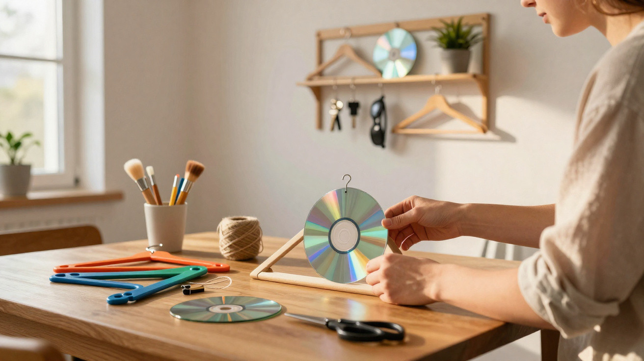 Person bastelt mit Haushaltsgegenständen wie CD, Wäscheklammern und Schnur an einem DIY-Projekt am Holztisch.