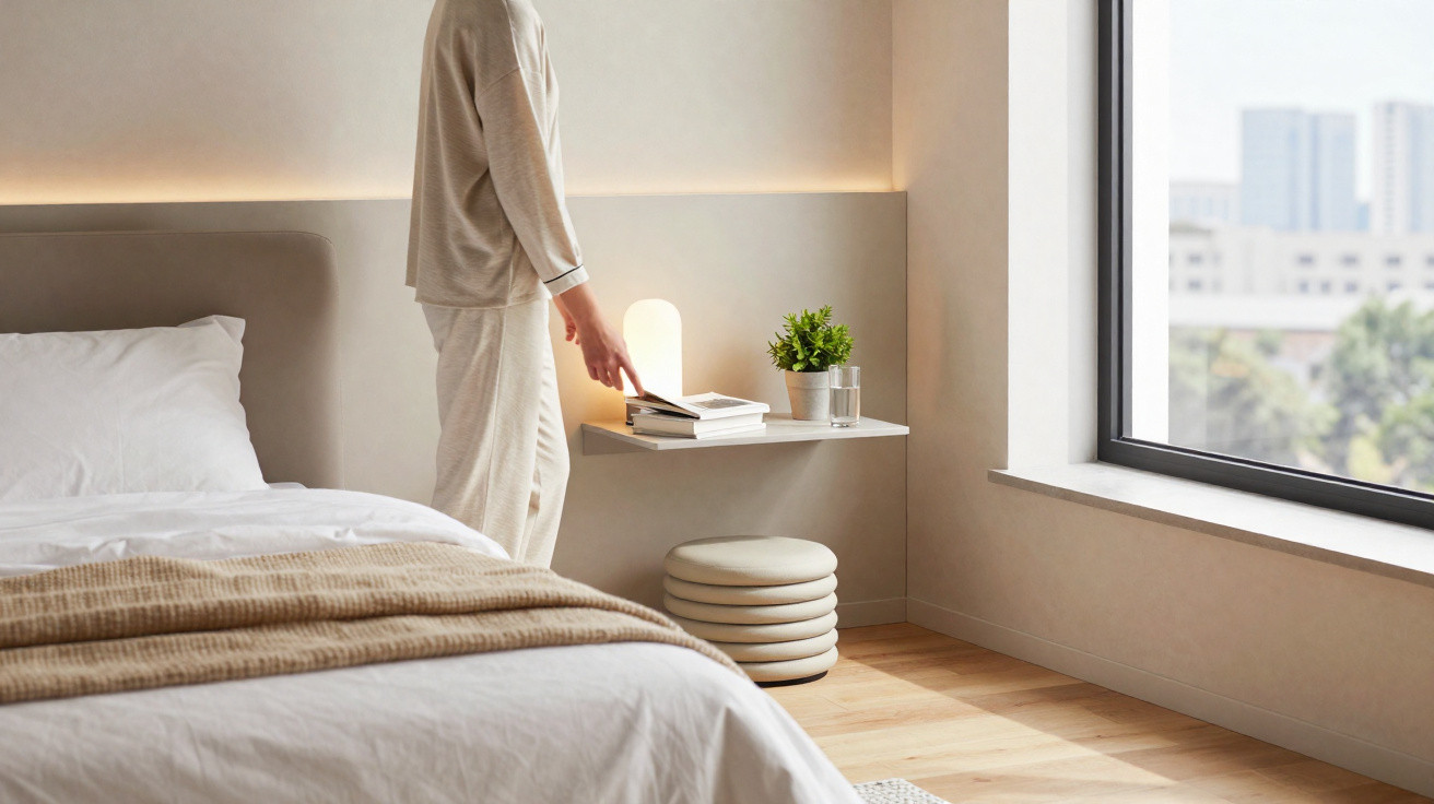 Person in bequemer Kleidung stellt Buch auf hellen, minimalistisch eingerichteten Nachttisch neben Bett mit Fenster im Hinter