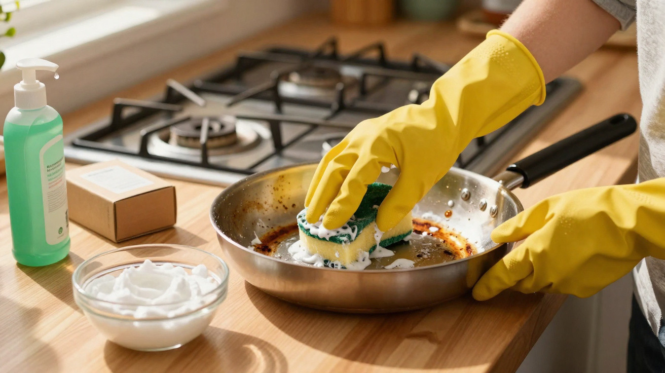 Person mit gelben Gummihandschuhen reinigt verschmutzte Pfanne auf Küchenarbeitsplatte mit Schwamm und Seife.