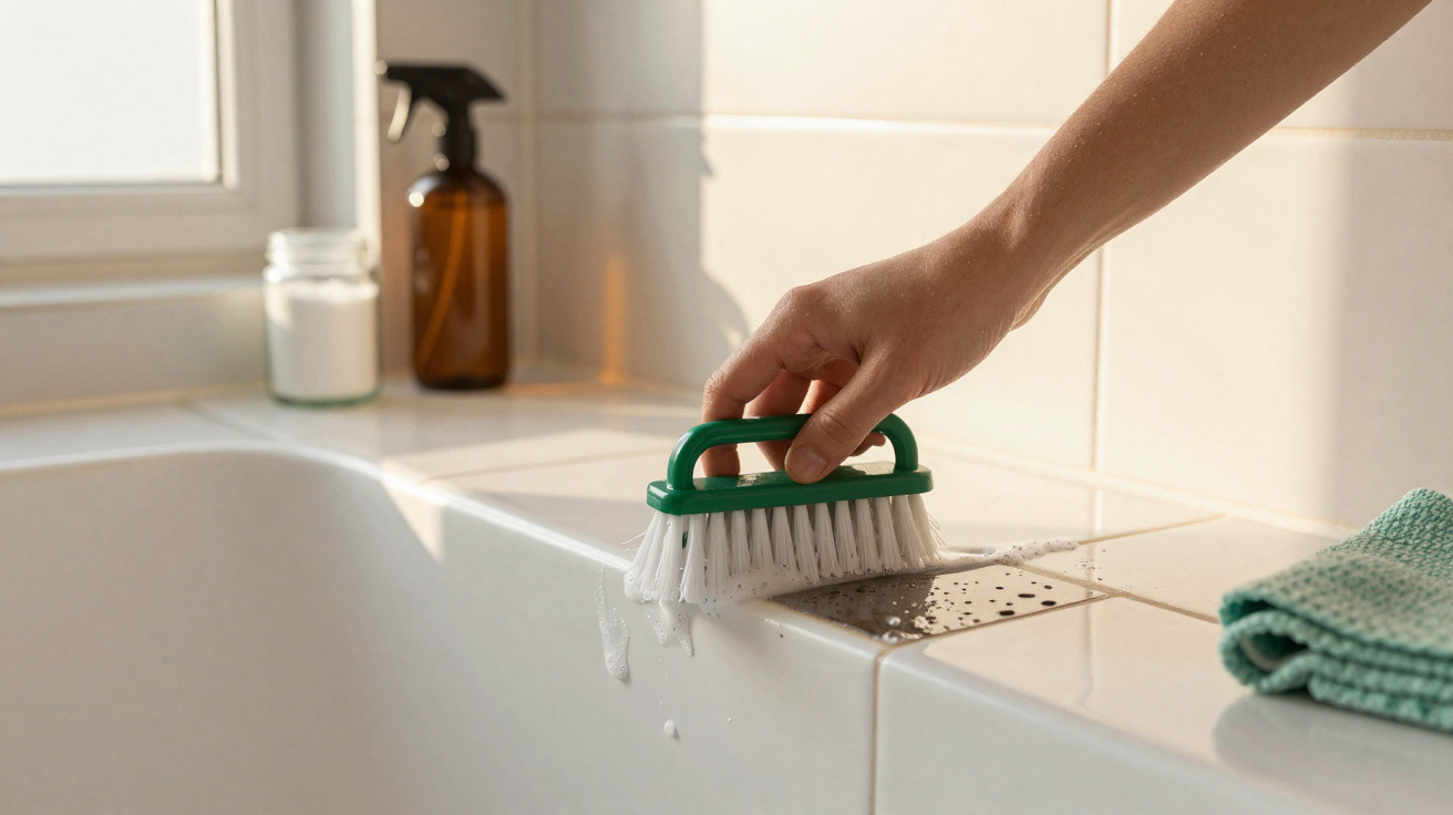 Hand reinigt geflieste Badewanne mit grün-weißem Schrubber, Fliesen und Abluss sichtbar, Handtuch liegt daneben.