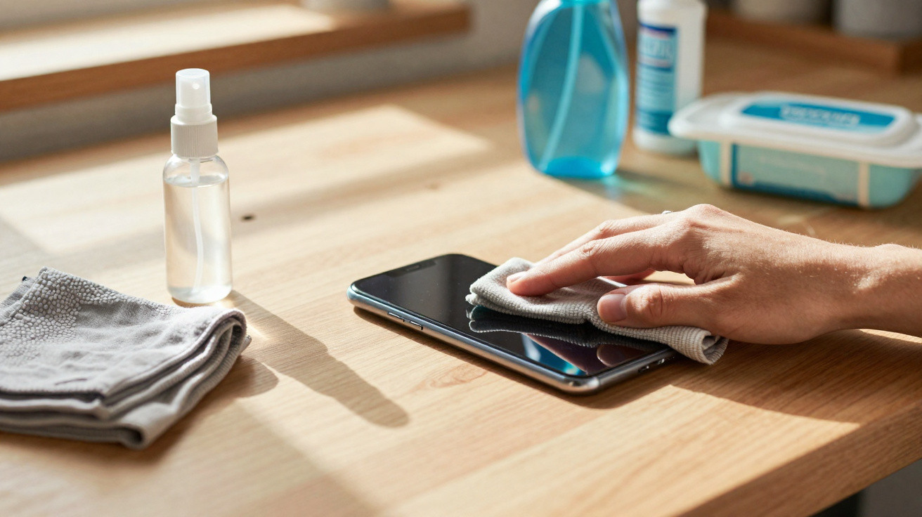 Hand reinigt Smartphone mit Tuch auf Holztisch, daneben Desinfektionsmittel und Reinigungstücher.