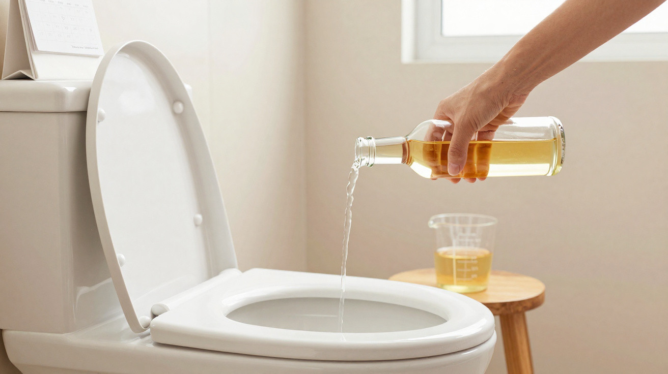 Hand gießt Flüssigkeit aus Flasche in eine offene weiße Toilettenschüssel in hellem Badezimmer.