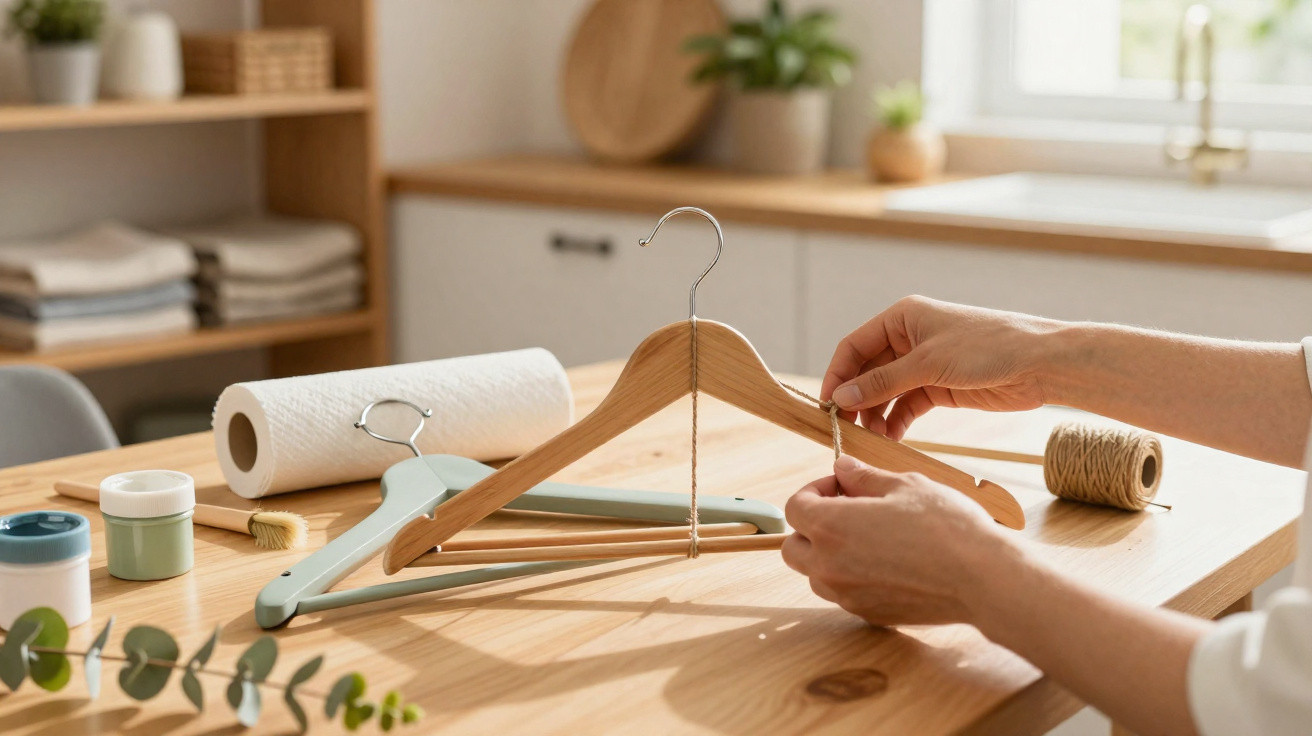Person bindet Schnur an einen Holzkleiderbügel auf einem Holztisch mit Bastelmaterialien und Küchenrolle.