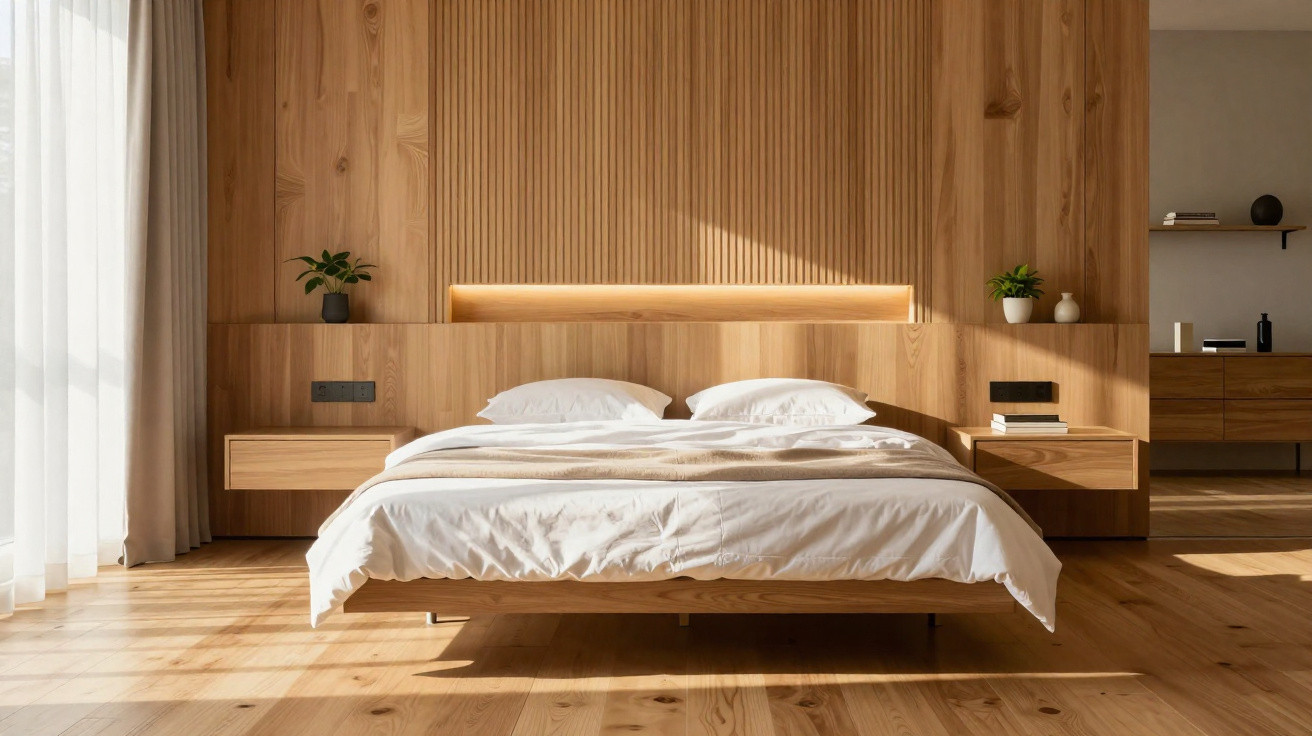 Schlichtes Schlafzimmer mit Doppelbett, hölzernem Fußboden, weißen Vorhängen und minimalistischer Deko.
