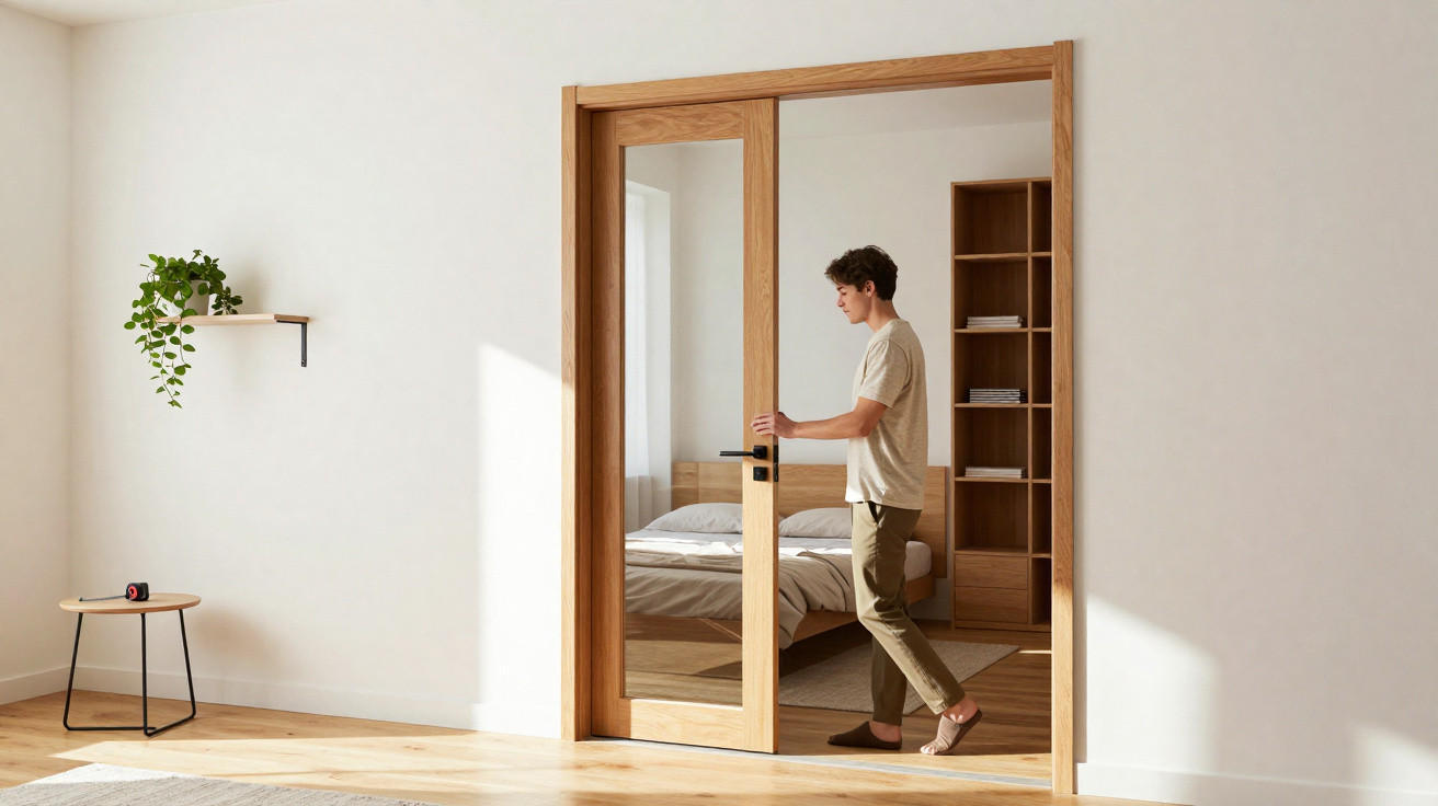 Mann öffnet eine moderne Glastür zu einem hellen Schlafzimmer in einer minimalistischen Wohnung.