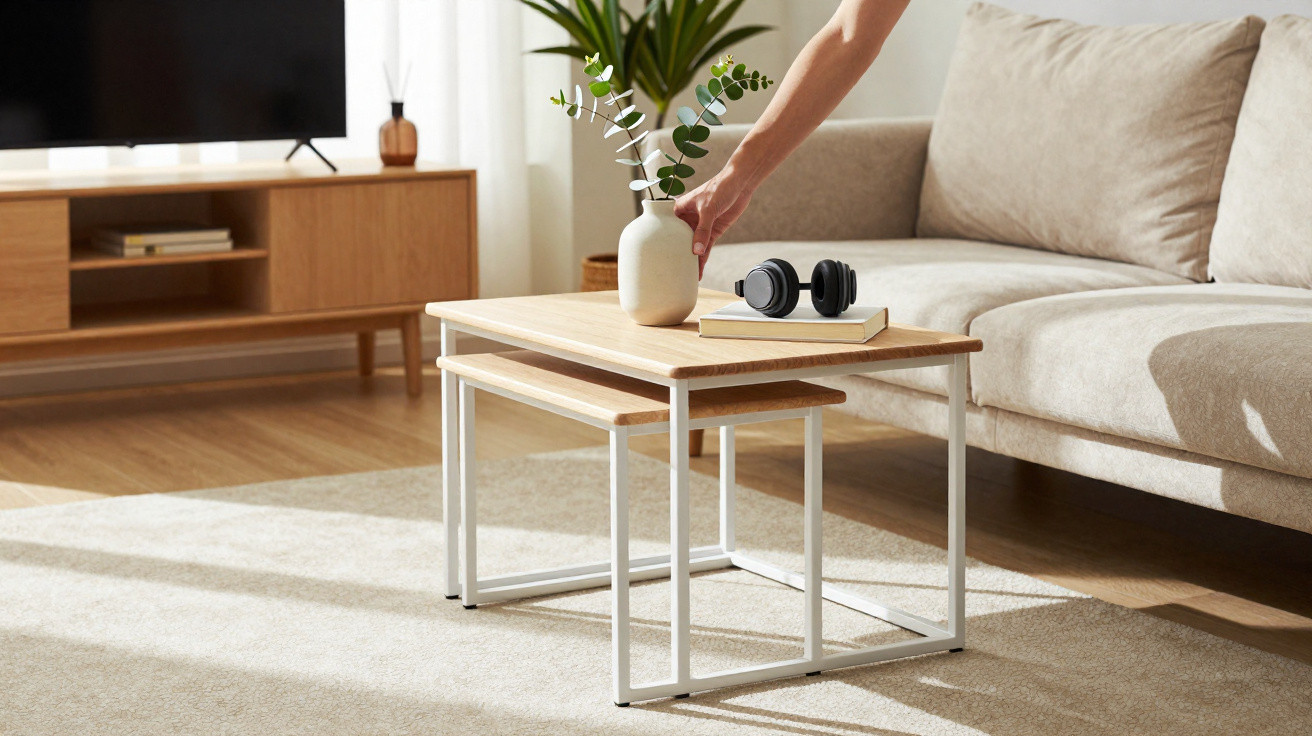 Moderner Wohnzimmertisch mit Vase, Buch und Kopfhörern neben Sofaecke im hellen Raum mit Fernseher.