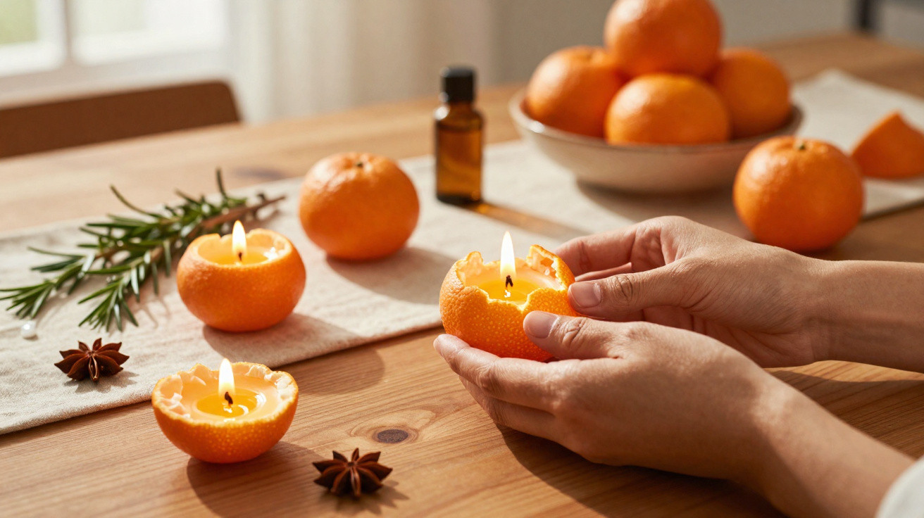 Hände halten eine halbe Mandarine mit einer brennenden Kerze, Kerzen aus Mandarinen auf einem Holztisch.