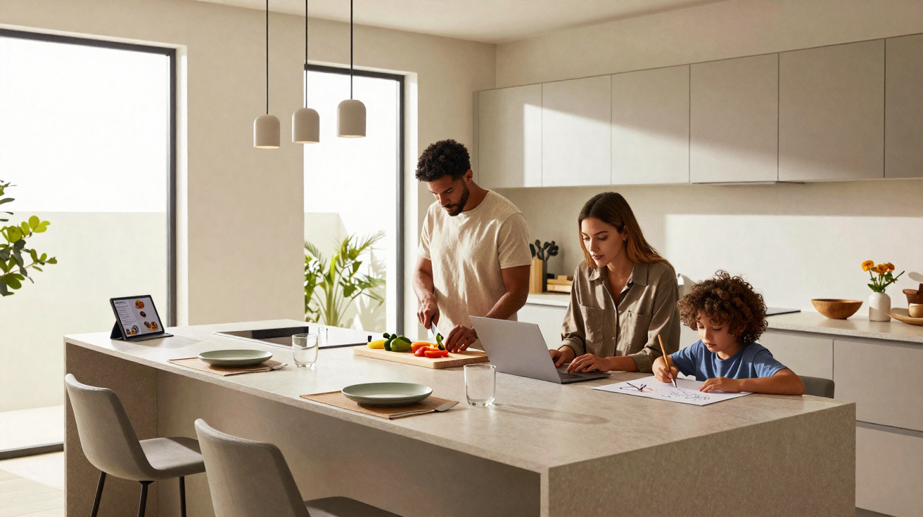 Familie in moderner Küche: Vater schneidet Gemüse, Mutter arbeitet am Laptop, Kind malt am Esstisch.