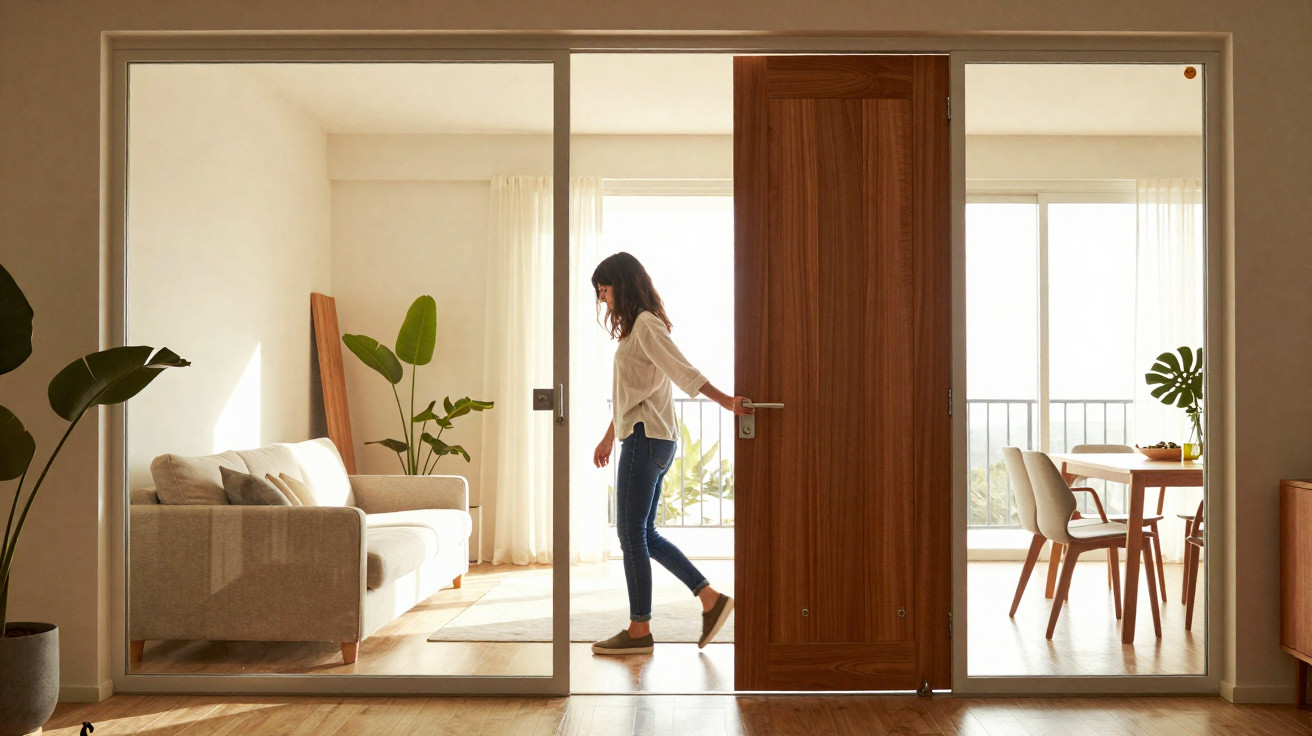 Frau öffnet Holztür zwischen Wohnzimmer und Essbereich in modern eingerichteter, heller Wohnung.