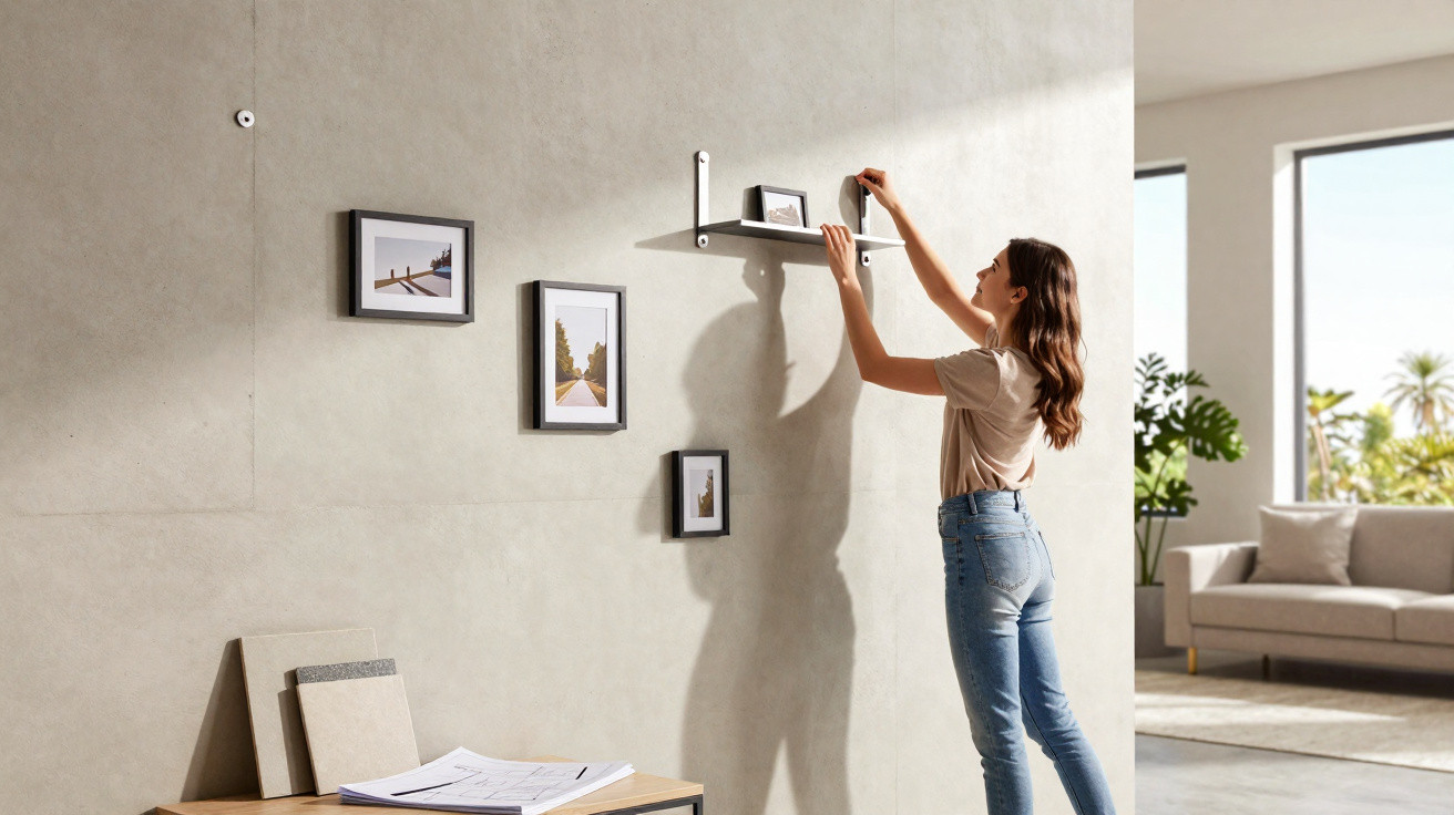 Frau hängt Bilderrahmen auf hellem Betonwand im modernen Wohnzimmer mit großen Fenstern auf.