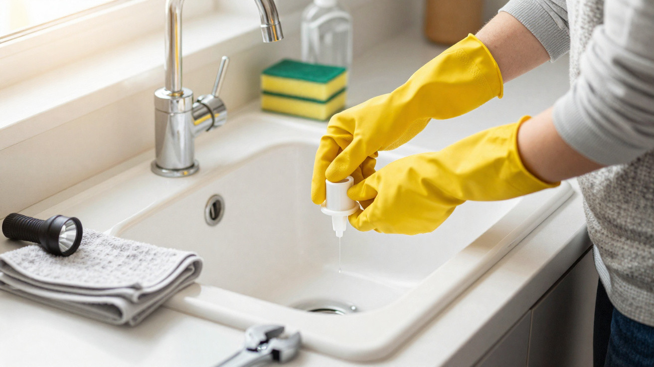 Person mit gelben Gummihandschuhen gibt Reinigungsmittel in Spüle zur Küchenreinigung im Haus ab.