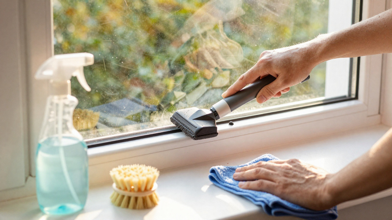 Person reinigt schmutziges Fenster mit Dampfreiniger, daneben Putztücher und Bürste auf Fensterbank.