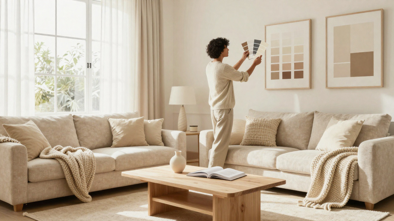 Person vergleicht Farbmuster in hellem Wohnzimmer mit beigen Sofas, Holz-Tisch und Dekoration.
