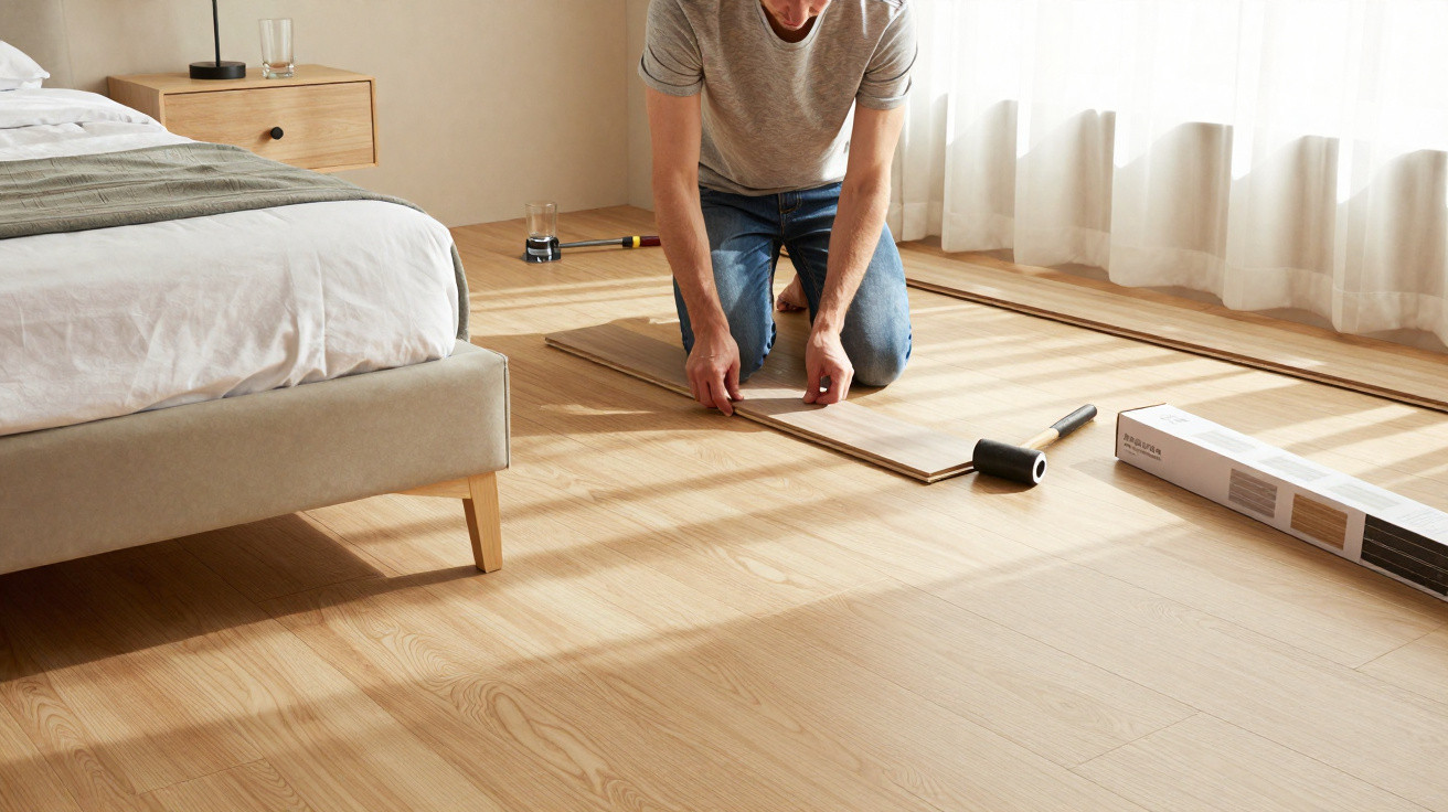 Mann verlegt Laminatboden im Schlafzimmer, Sonnenlicht fällt durch ein großes Fenster mit weißen Vorhängen.
