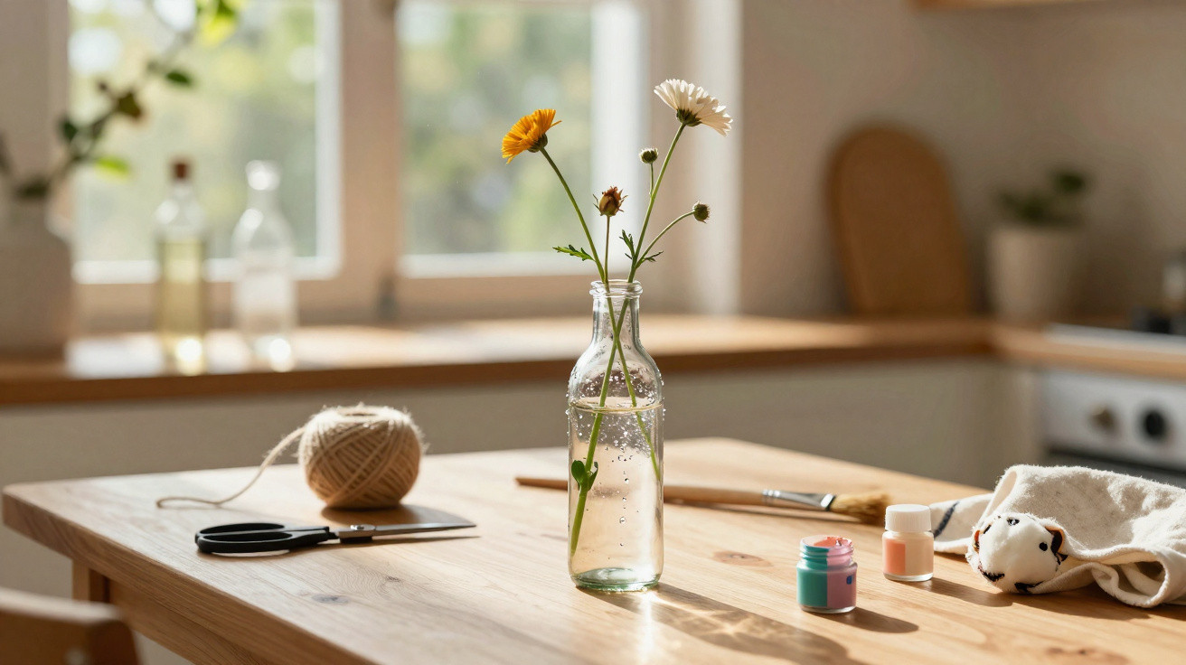 Blumen in Glasflasche auf Holztisch mit Schere, Garn, Farben und Handtuch vor hellem Fenster in Küche