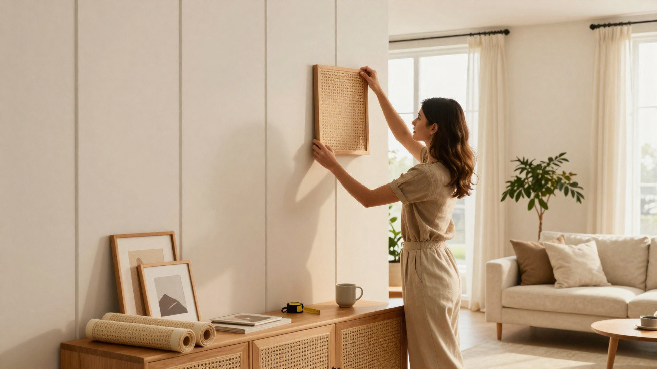Frau hängt dekorativen Korbrahmen an helle Wohnzimmerwand mit Sofa und Pflanzen im Hintergrund auf.