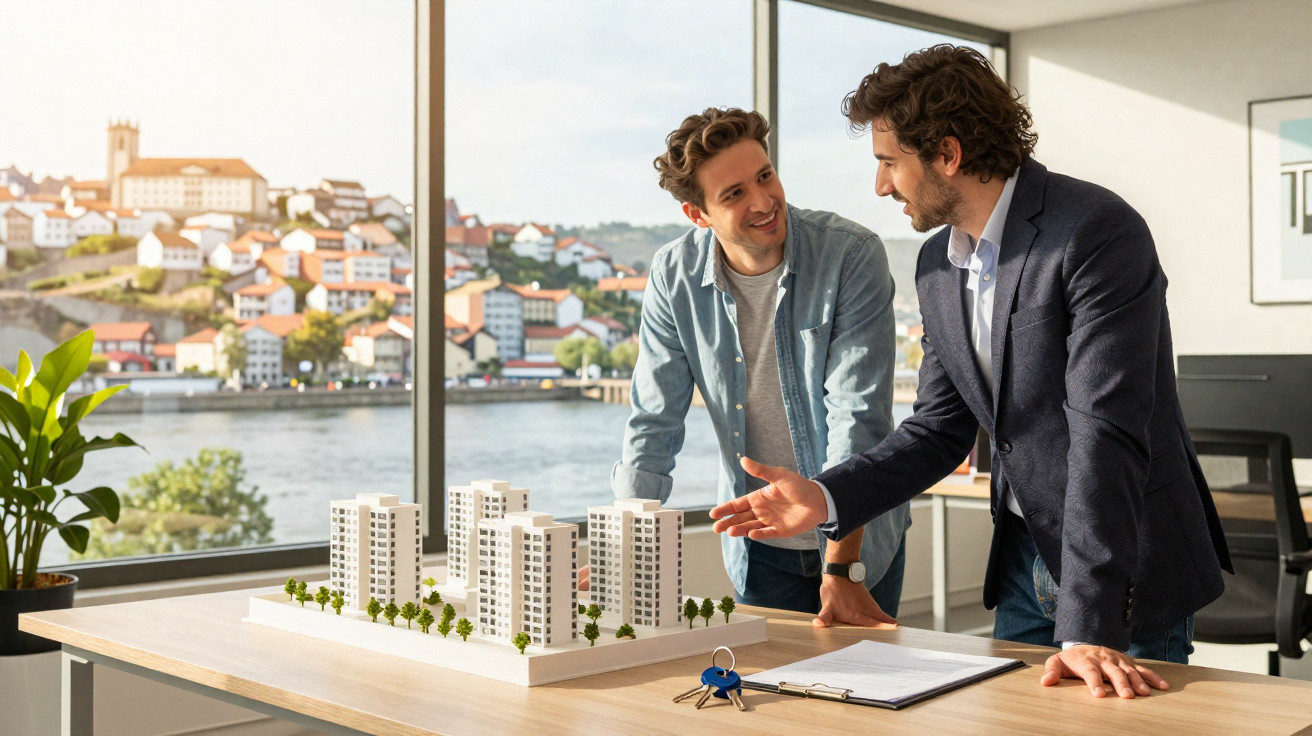 Zwei Männer besprechen ein Architekturmodell in einem Büro mit Fluss- und Stadtblick.