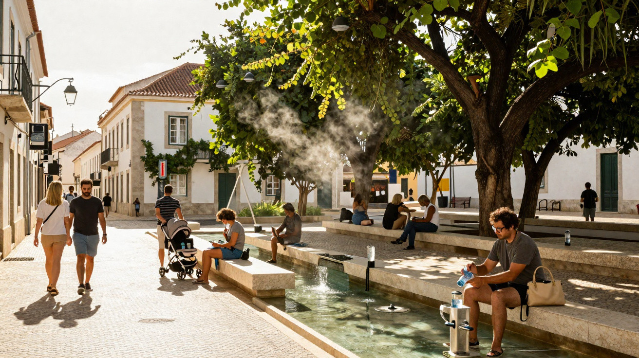 Menschen spazieren und sitzen an einem Springbrunnen in einer sonnigen, begrünten Fußgängerzone.
