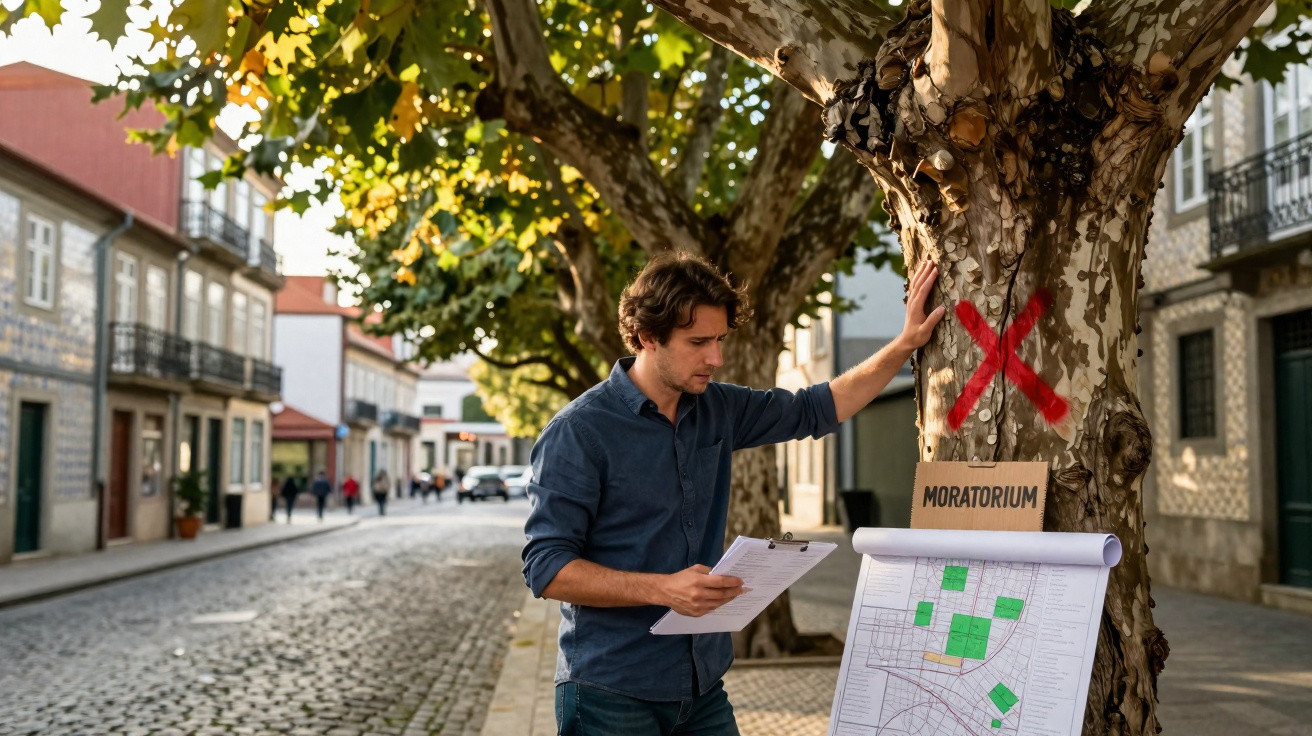 Mann steht an Baum mit rotem X, inspiziert Stadtplan, Schild mit „Moratorium“ befestigt, Straßenkulisse im Hintergrund.
