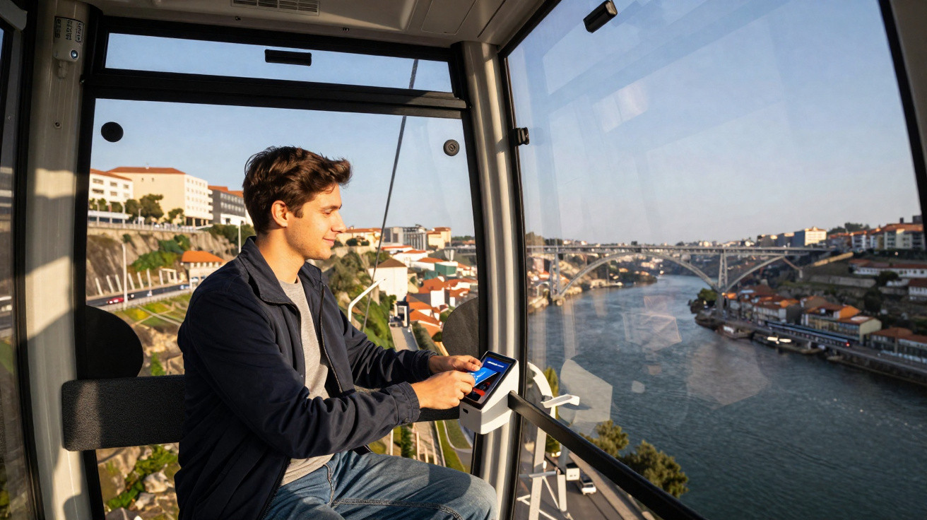 Junger Mann in Gondel mit Smartphone, Blick auf Fluss, Brücke und Häuser in sonniger Landschaft.