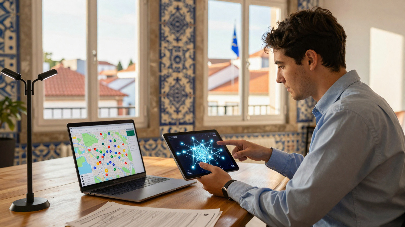 Junger Mann arbeitet mit Tablet und Laptop mit Stadtkarte und digitaler Vernetzung in sonnigem Raum.
