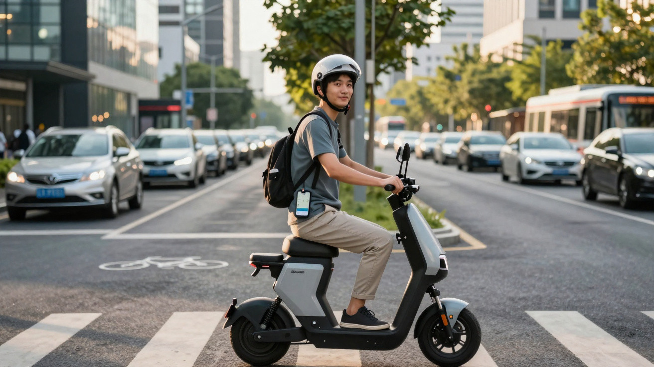 Junger Mann mit Helm und Rucksack fährt auf einem E-Roller über einen Zebrastreifen in der Stadt.