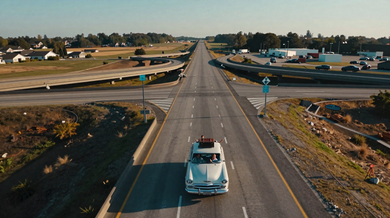 Weiße Oldtimer-Limousine fährt auf einer breiten Landstraße mit einer Autobahnbrücke im Hintergrund.