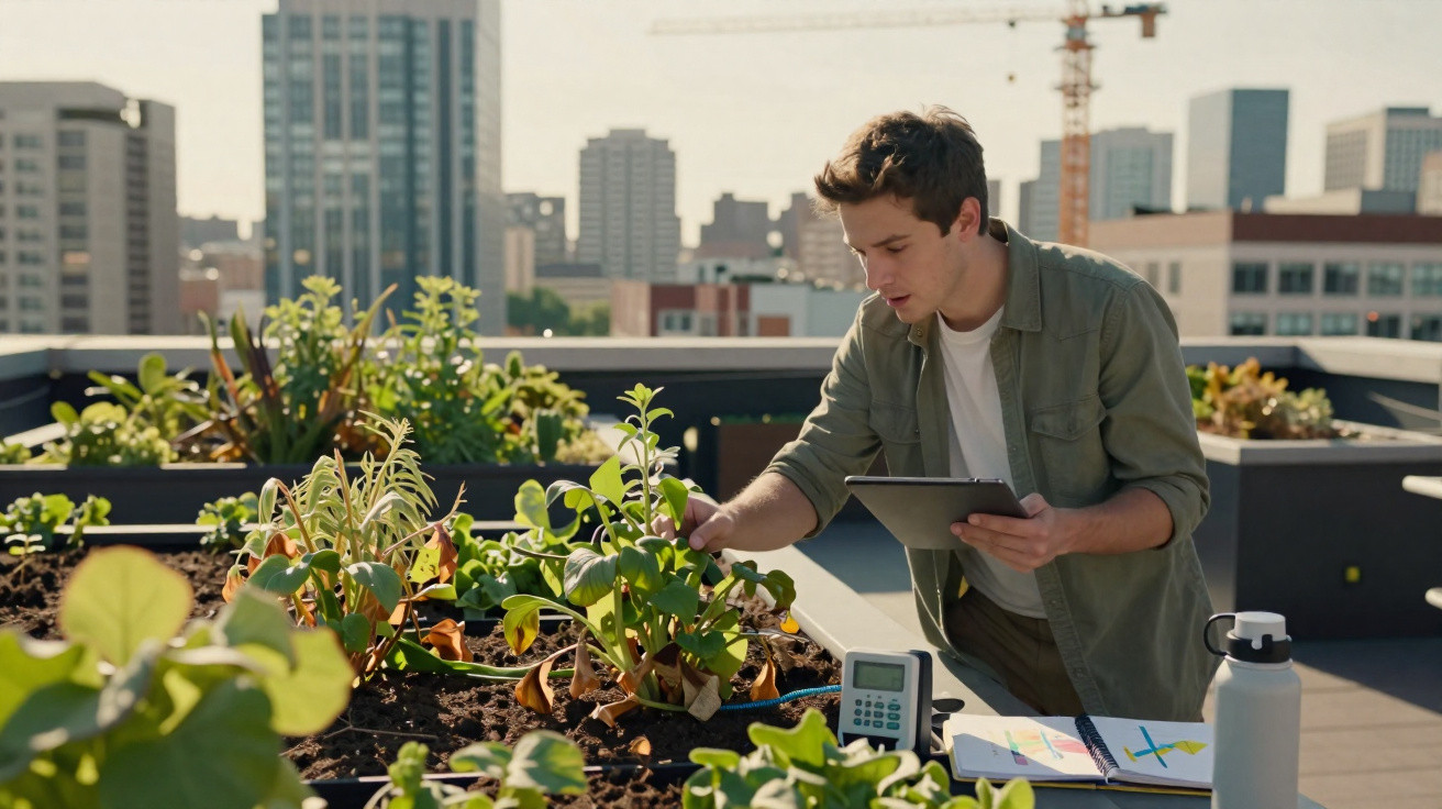 Junger Mann untersucht Pflanzen auf einem städtischen Dachgarten mit Tablet und Notizen bei Sonnenlicht.