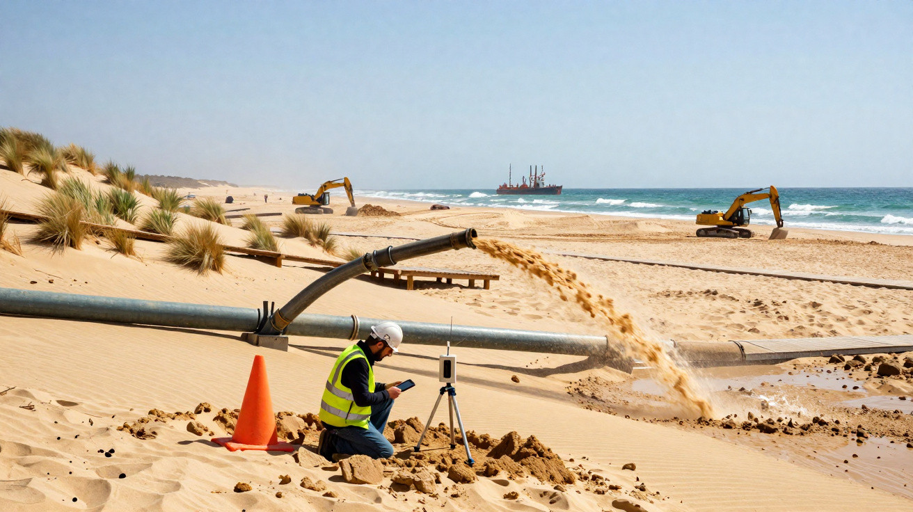 Bauarbeiter mit Helm an Dünen bewacht Sandverlagerung durch Rohre am Strand mit Baggern und Schiff im Hintergrund.