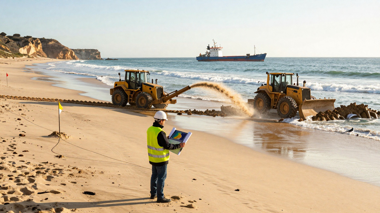 Ingenieur mit Helm und Warnweste überwacht Baggerarbeiten am Strand, Schiff im Hintergrund auf dem Meer.