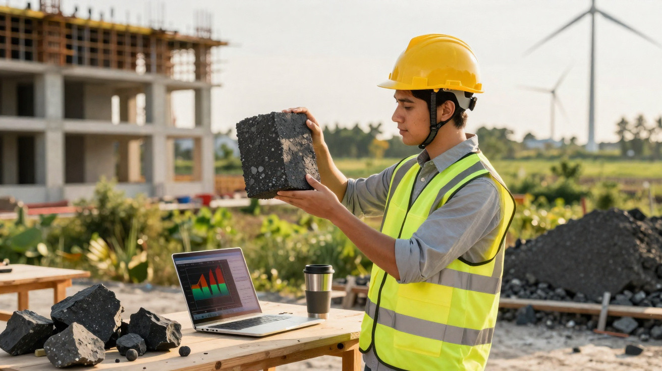 Bauarbeiter mit Schutzhelm untersucht Betonprobe auf Baustelle mit Laptop und Windrädern im Hintergrund.