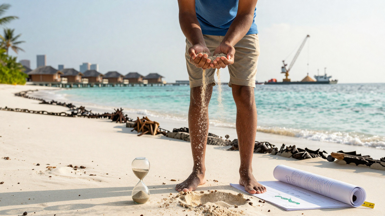 Eine Person lässt Sand durch die Hände am Strand rieseln, daneben eine Sanduhr und Baupläne.