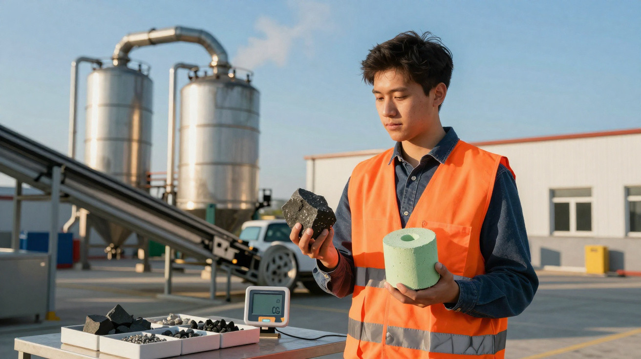 Mann in Warnweste untersucht Baumaterialien vor Industrieanlage bei Sonnenlicht.