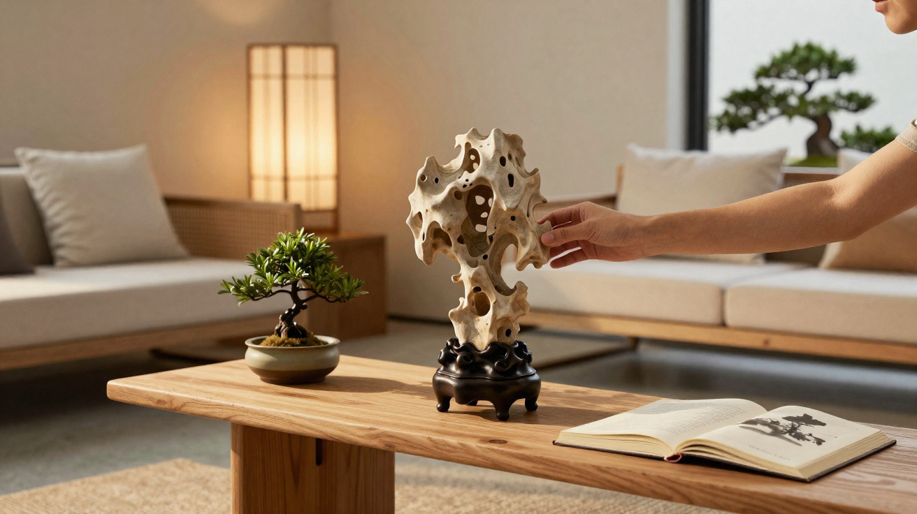 Hand berührt dekorative Steinfigur auf Holztisch neben Bonsai und aufgeschlagenem Buch im Wohnzimmer.