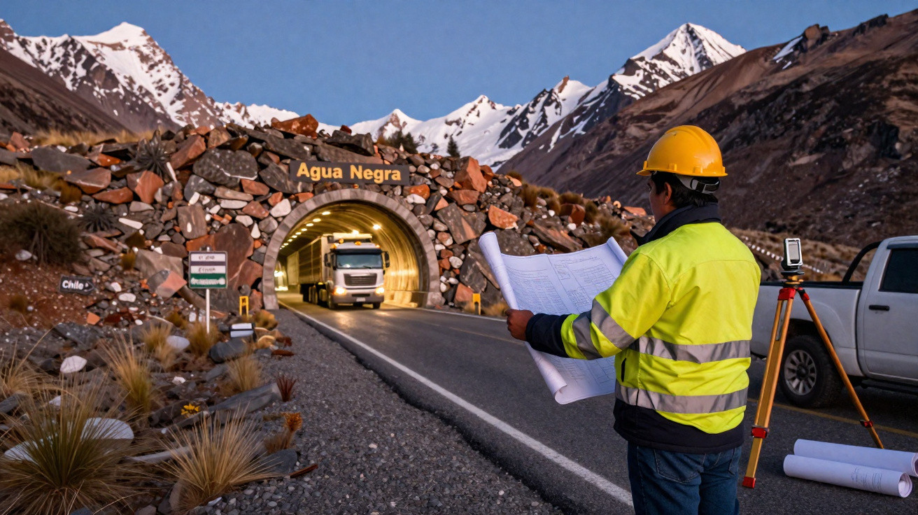Bauarbeiter mit Helm und Plänen vor beleuchtetem Tunnel Agua Negra in Berglandschaft mit LKW im Tunnel.