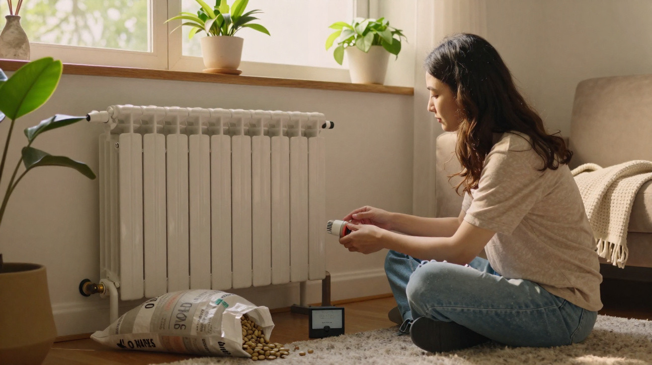 Frau sitzt auf Boden und stellt Thermostat am Heizkörper in hellem Wohnzimmer mit Pflanzen ein.