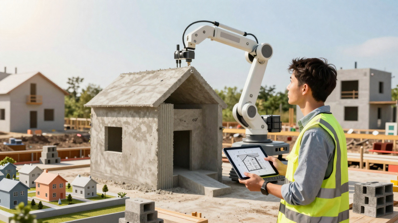 Ingenieur mit Tablet steuert Roboterarm, der ein kleines Hausmodell auf einer Baustelle baut.