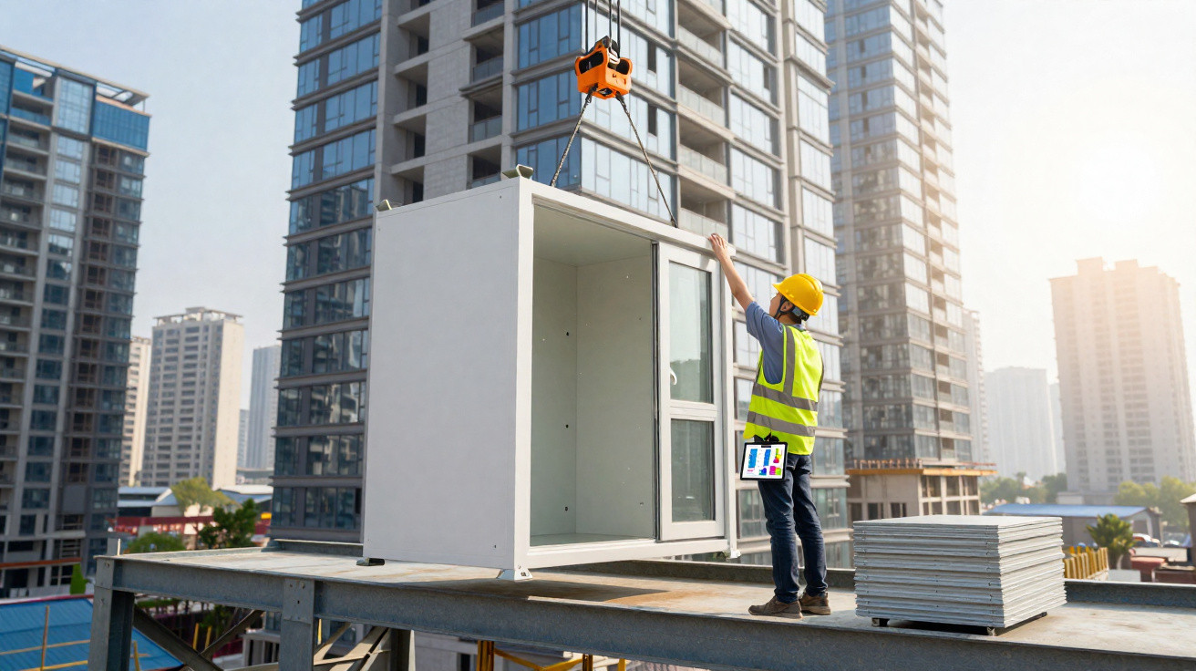 Bauarbeiter überwacht den Aufbau eines vorgefertigten Moduls auf einer Baustelle mit Hochhäusern im Hintergrund.