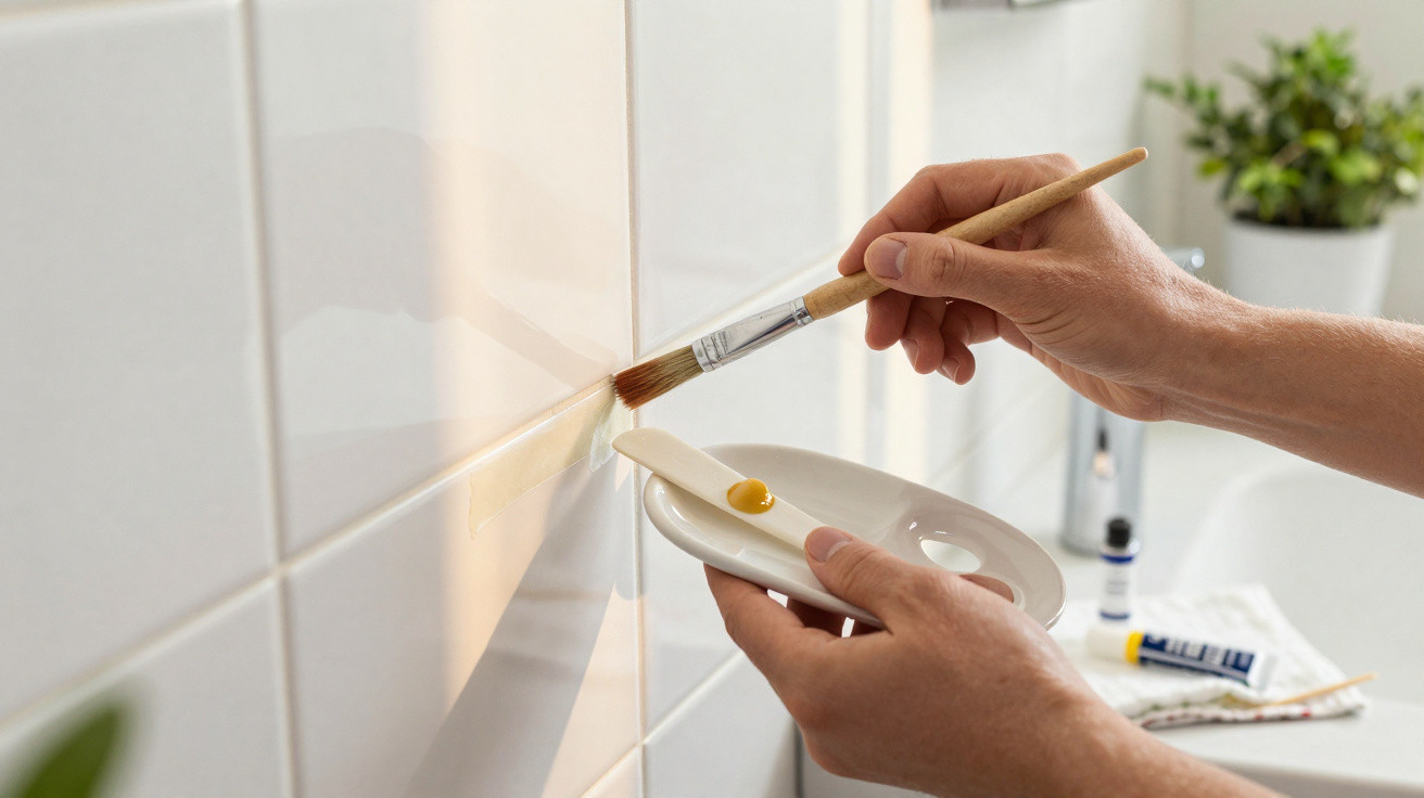Hände, die mit Pinsel und Farbe kleine Reparatur auf weißer Fliesenfuge durchführen.
