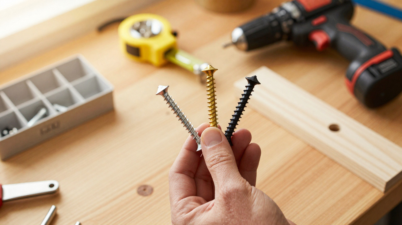 Hand hält drei verschiedene Schrauben vor einem Holzbrett und Werkzeug auf einem Tisch.