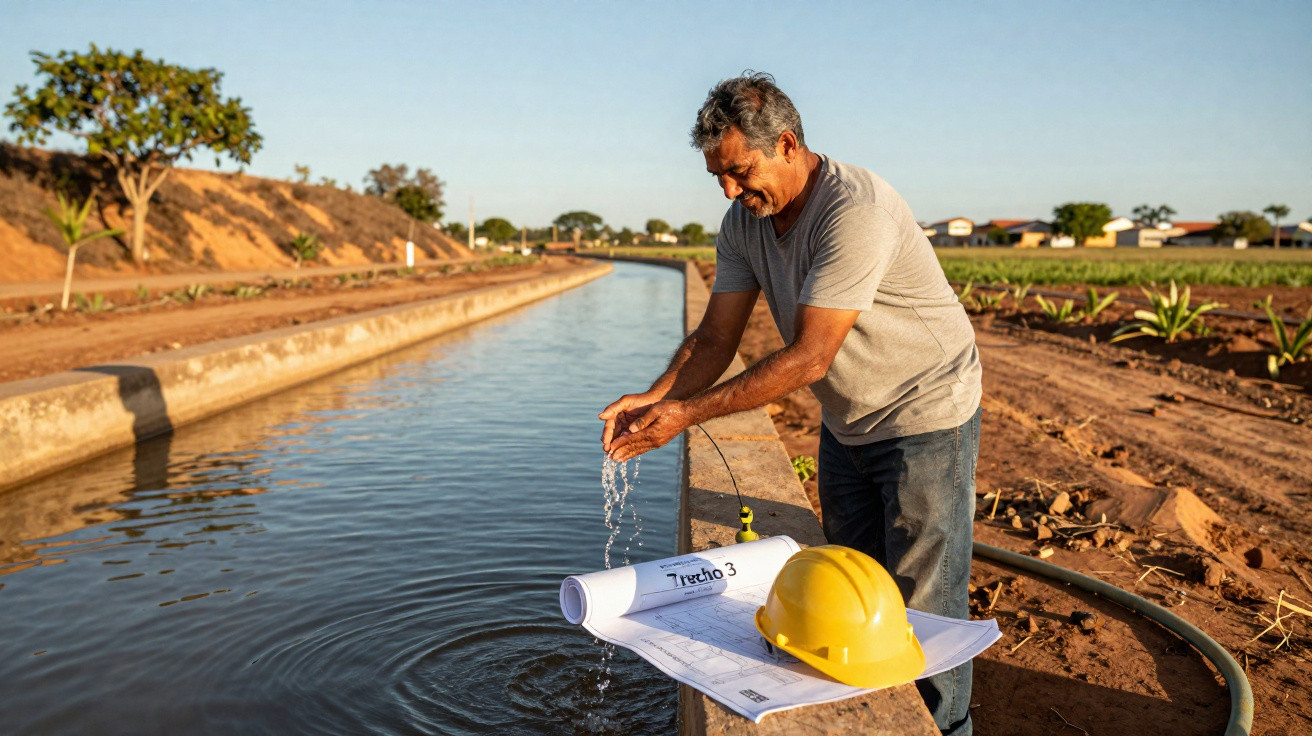 Mann schöpft Wasser aus Bewässerungskanal auf landwirtschaftlichem Feld, Bauhelm und Pläne liegen daneben.