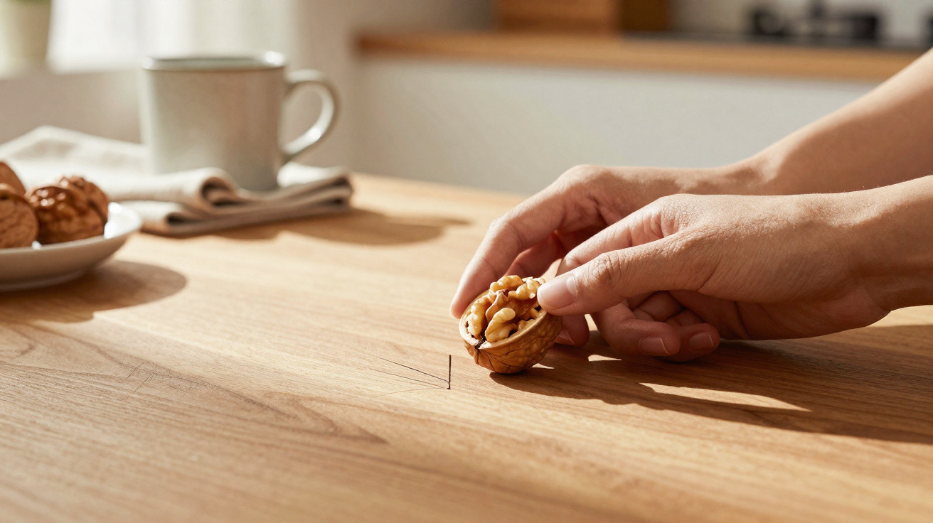 Hand hält aufgeknackste Walnussschale auf hellem Holztisch neben Tasse und Teller mit Walnüssen.