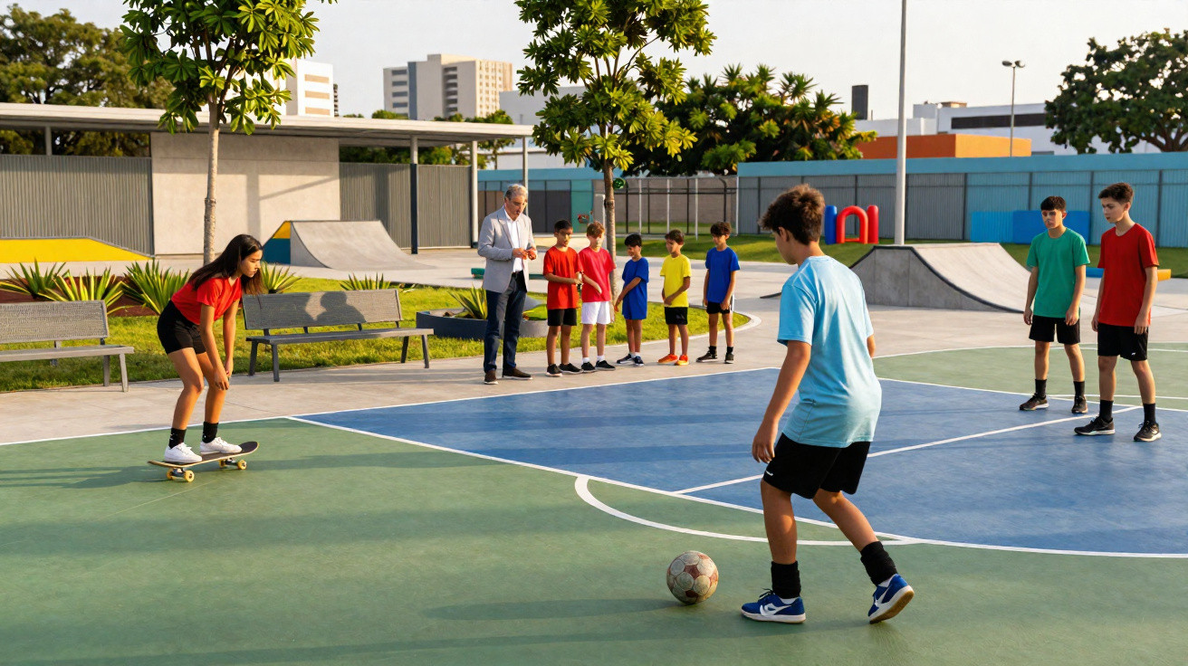 Kinder spielen Fußball auf einem Freizeitplatz, während eine Frau und ein Mann zuschauen.