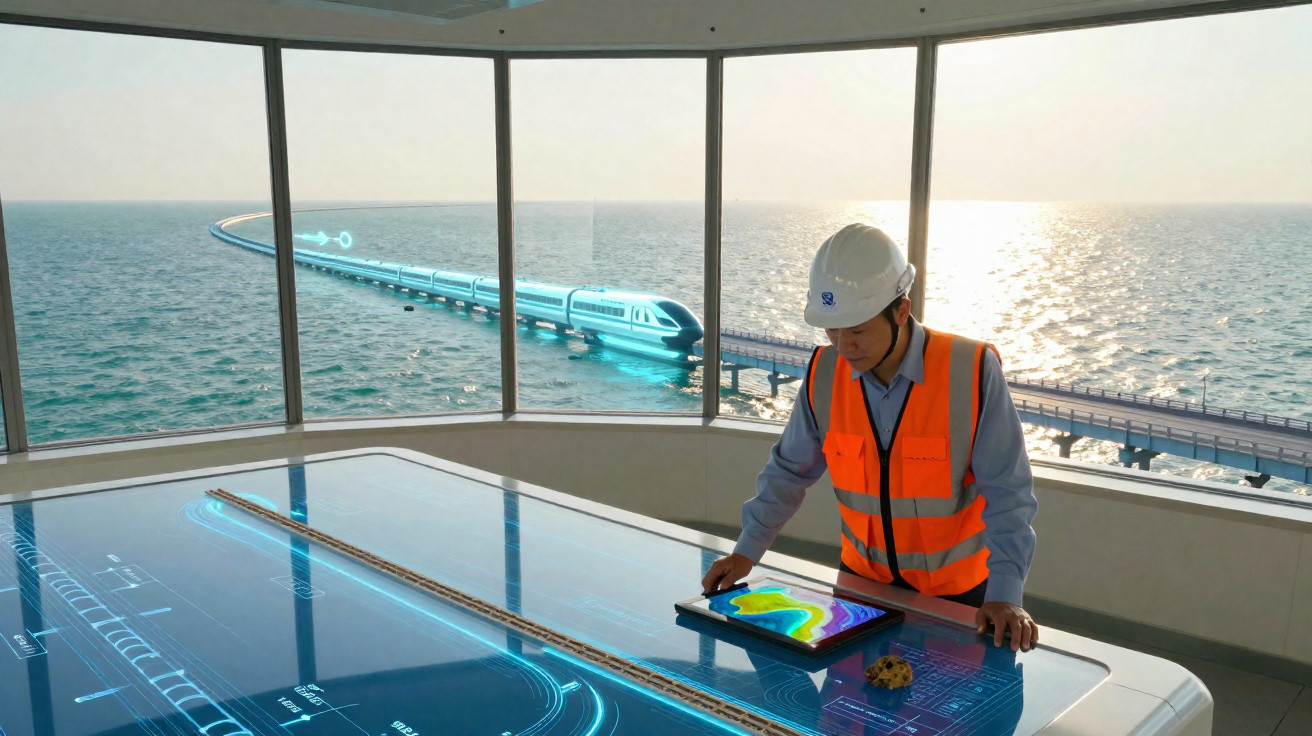 Ingenieur mit Schutzhelm und Sicherheitsweste arbeitet an digitalem Planungstisch mit Hochgeschwindigkeitszug und Meerblick i