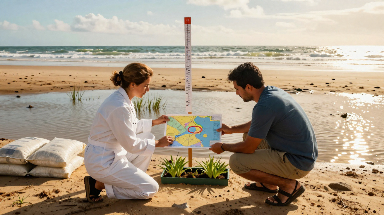 Zwei Personen untersuchen eine Karte am Strand, neben Messlatte und Pflanzen in einem Behälter.