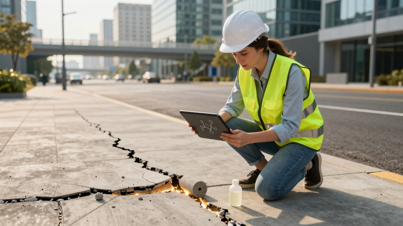 Ingenieurin mit Schutzhelm und Warnweste untersucht Risse in Betonweg mit Tablet in der Stadt.