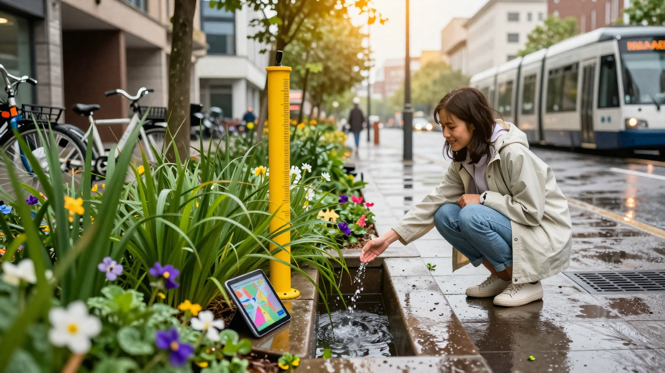 Frau prüft mit Tablet Regenwasser-Sammelanlage an einem bepflanzten Bürgersteig bei Regenwetter.
