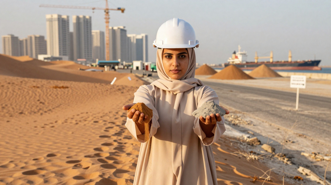 Frau mit Bauhelm hält Sand und Zement in den Händen an einer Baustelle in der Wüste vor Hochhäusern.